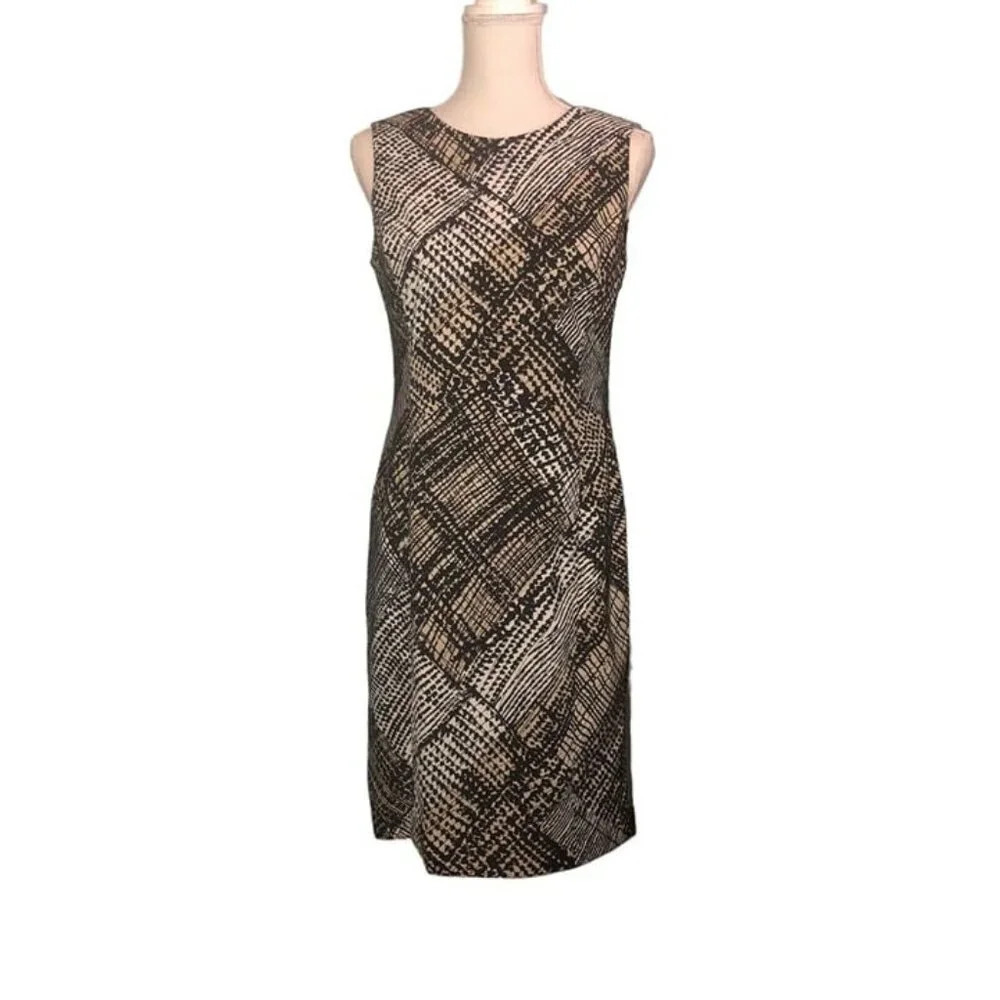JONES WEAR Size 6 Women's Black Ivory Tan Print Sleeveless Knee Sheath Dress